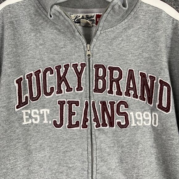 Lucky Brand Cardigan Sweater Mens XXL Gray Patches Zip Up Track Athletic Jeans - Picture 3 of 7